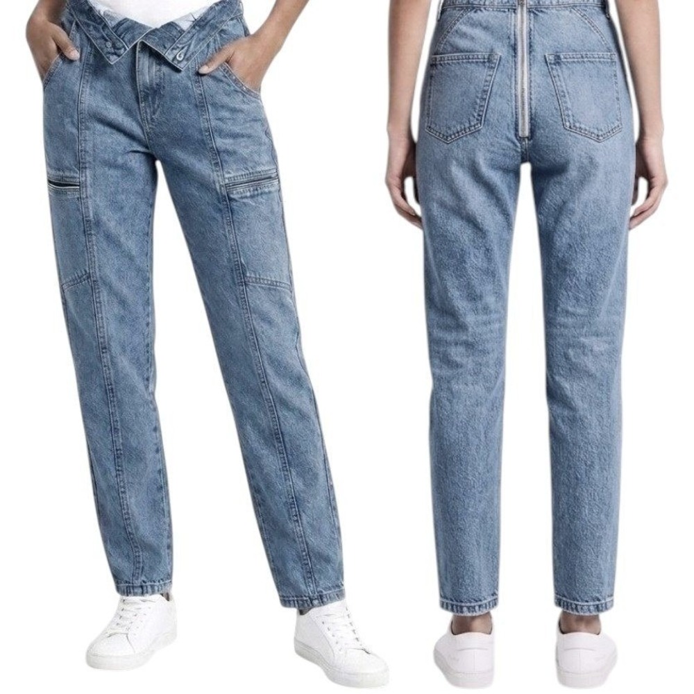 Maniere De Voir Acid Wash Cargo Jeans Womens No Size Blue High Rise Seam Detail